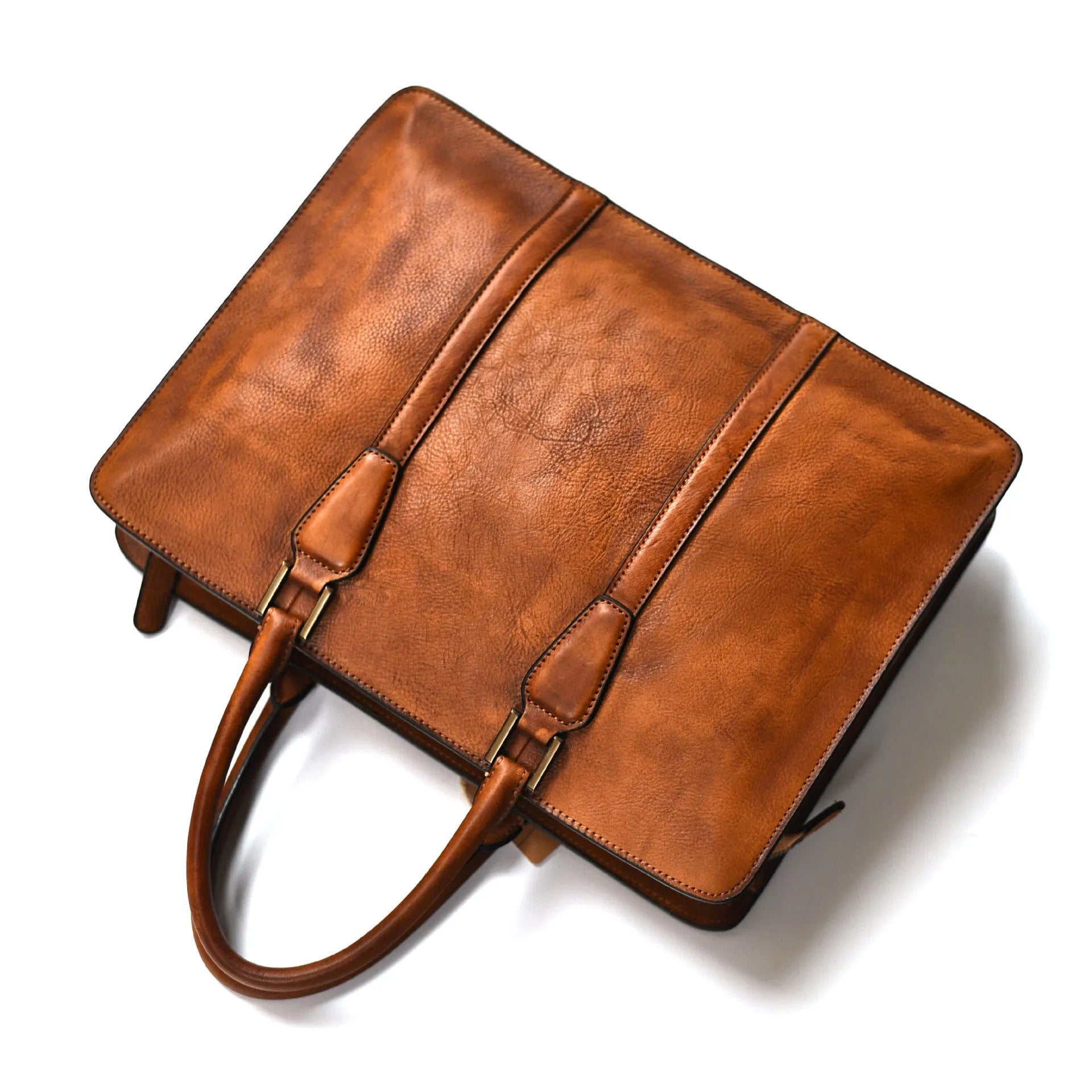 Men's 14-inch vegetable tanned leather handbag in horizontal square design