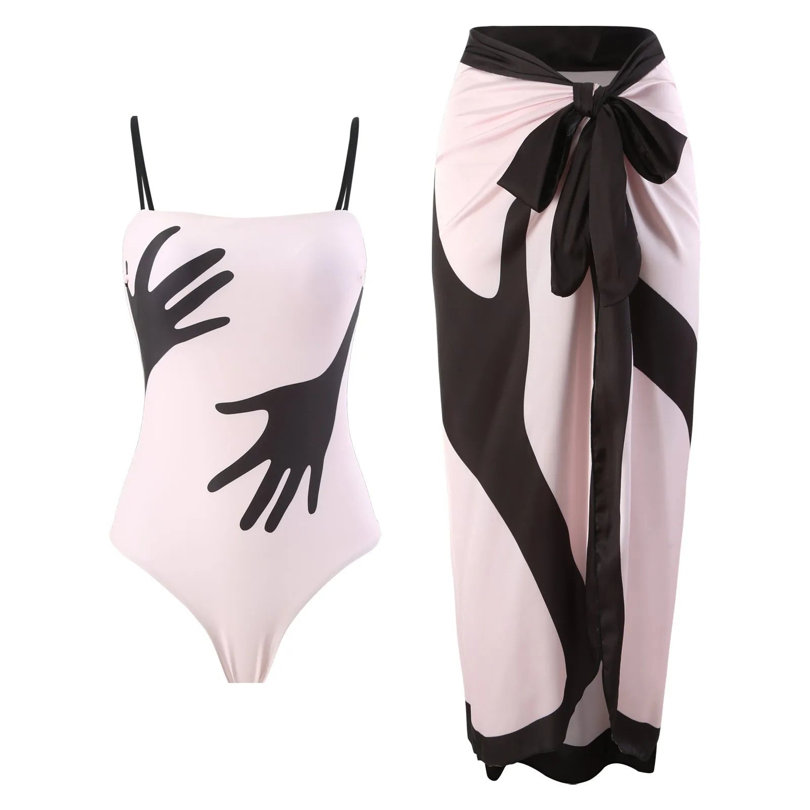 Women's patterned one-piece bikini swimsuit with an attached light tulle skirt.