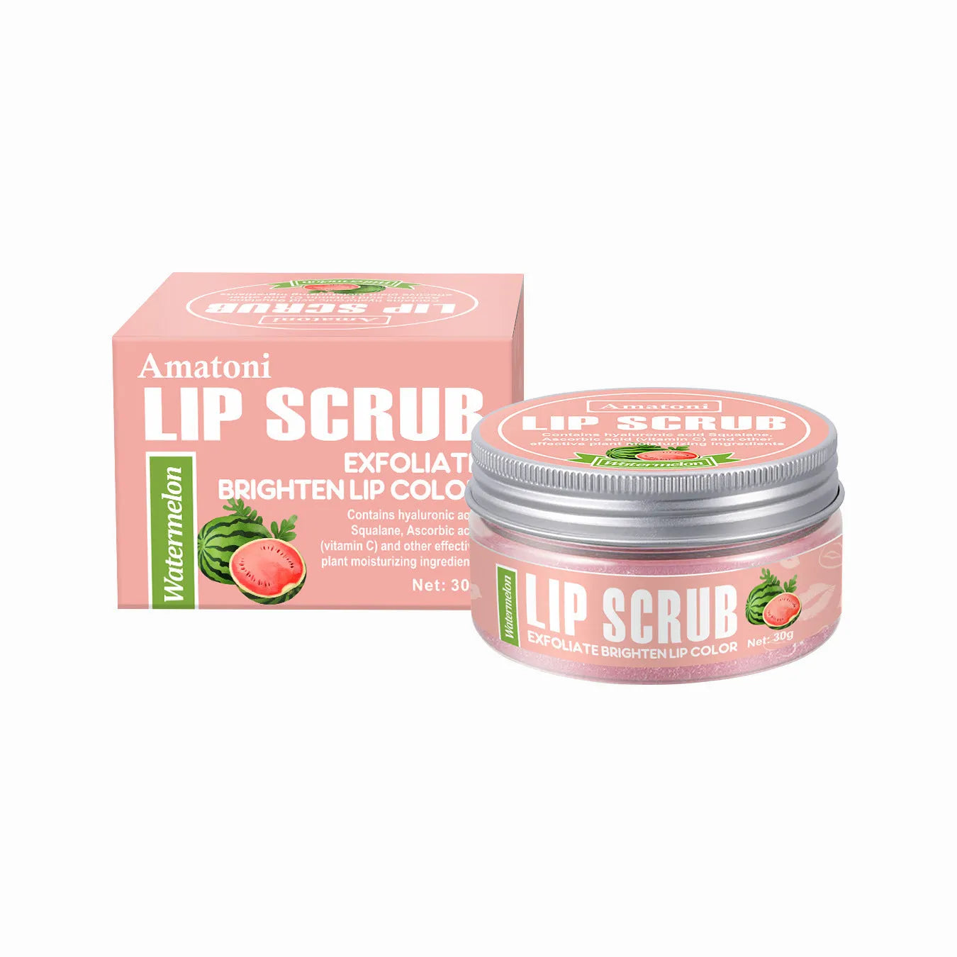Amatoni Lip Scrub jar in one of four flavours: Coconut, Raspberry, Vanilla, or Watermelon, 30g net weight.