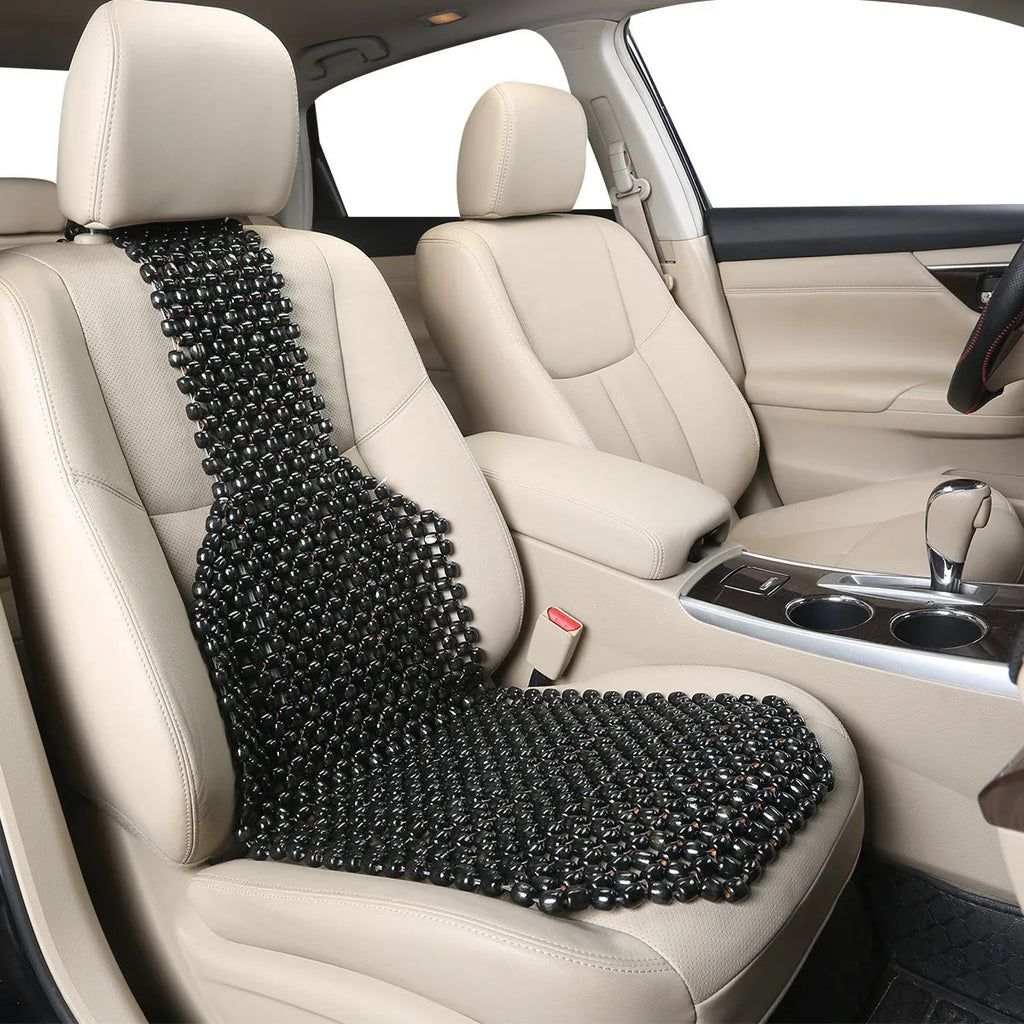 Ventilated car seat cushion in beige mesh fabric for summer driving comfort