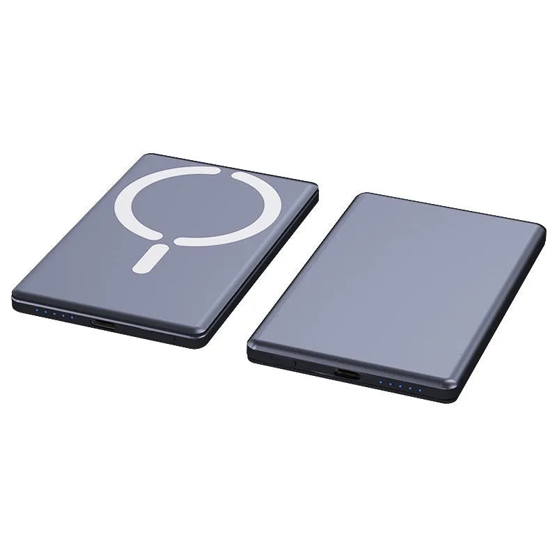 Ultra-thin 9mm magnetic power bank in black alloy shell showing compact size