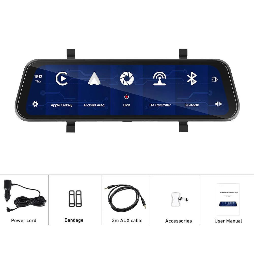 HD wired 9.66-inch driving recorder with touch screen, CarPlay, and Android Auto on a car windscreen