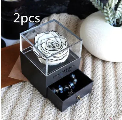 Eternal flower rose jewelry box with preserved roses and carnations in a compact 8.5x8.5x10.5 cm gift box