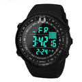 Men's black waterproof digital watch with plastic case and adjustable PU strap for outdoor activities