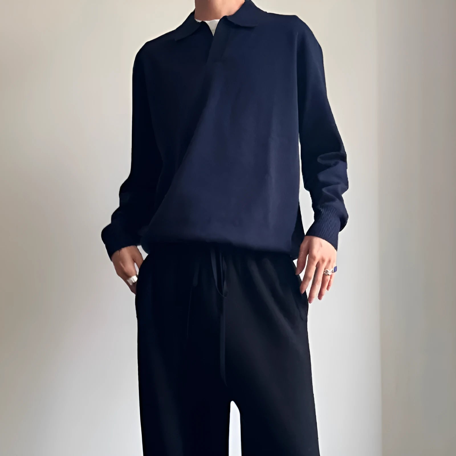 Men's pure wool polo sweater with lapel collar in milky white colour