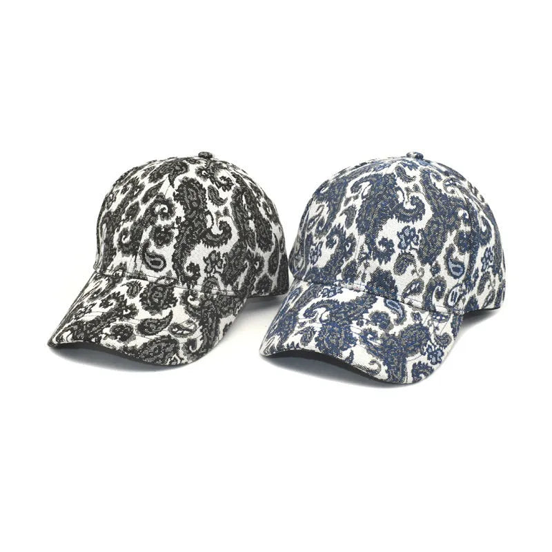 Men and women polyester baseball cap with paisley print dome crown size M 56-58cm blue