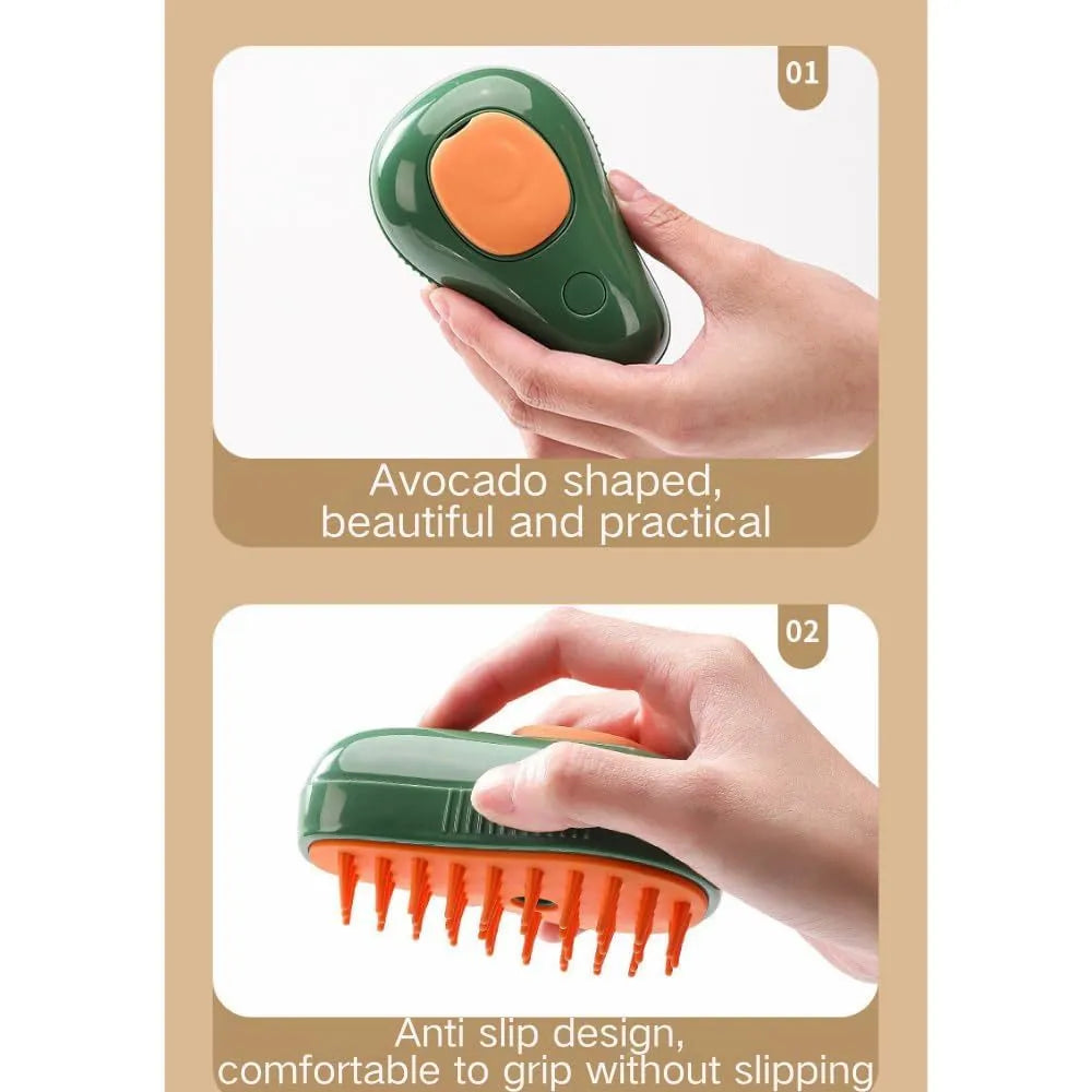 Green rechargeable cat steam brush with water spray nozzle and soft silicone teeth on a white background.