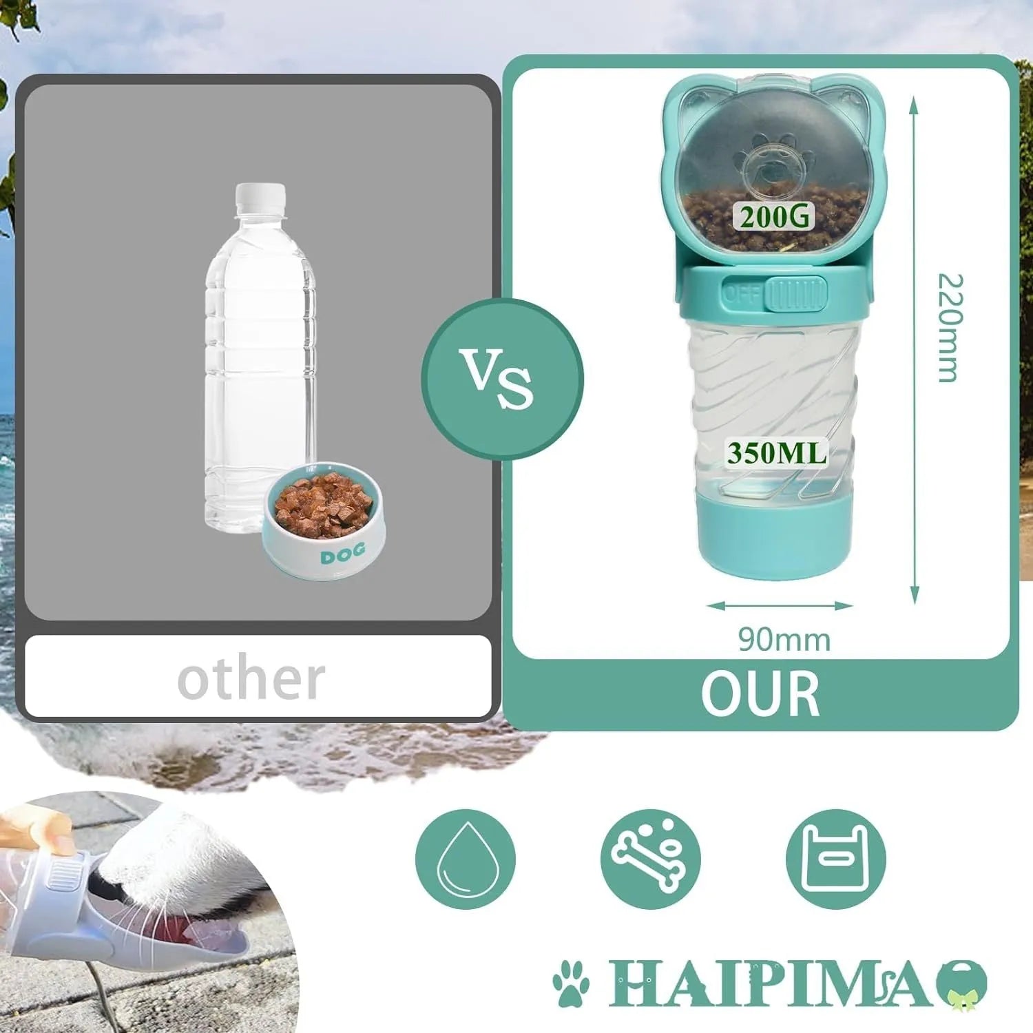 Green 3-in-1 portable pet water bottle with food container and strap, showing rotary switch and bowl.