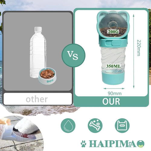 Green 3-in-1 portable pet water bottle with food container and strap, showing rotary switch and bowl.
