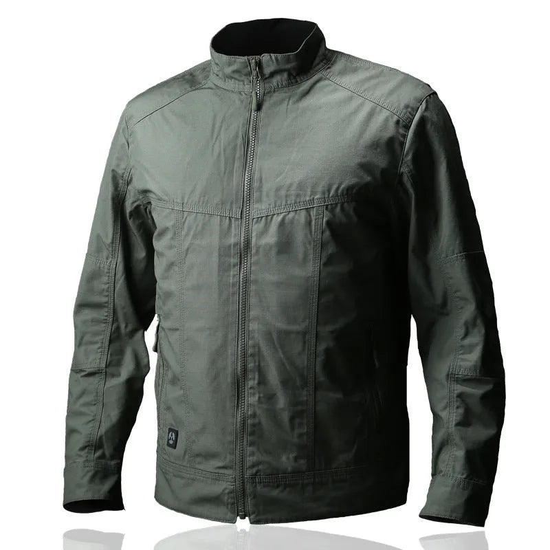 Men's brown tactical outdoor coat with multiple pockets and a plaid pattern