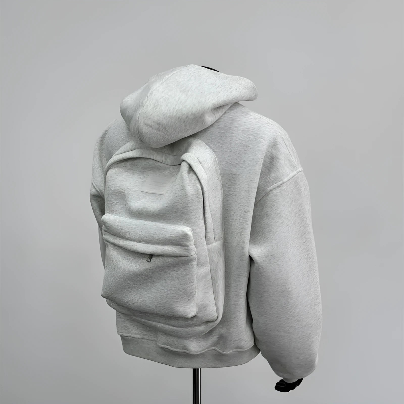 Hooded men's coat in light gray with backpack-style front pocket, polyester cotton blend, casual fit