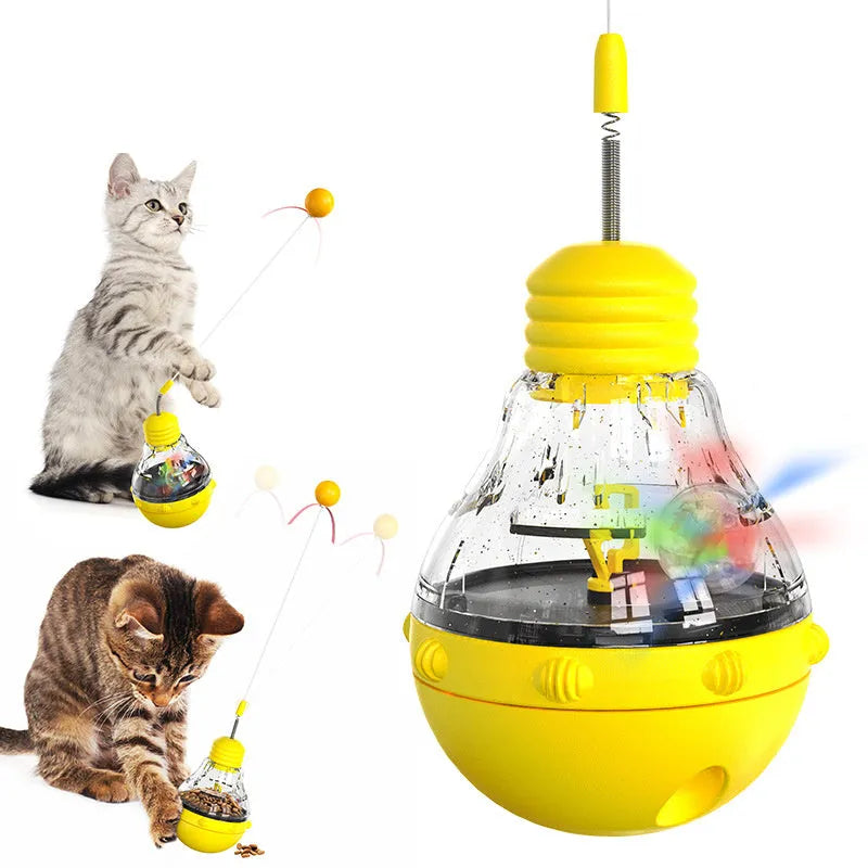 Electric yellow cat interactive wand toy with slow feeder, green rope tires, and light-up balls.