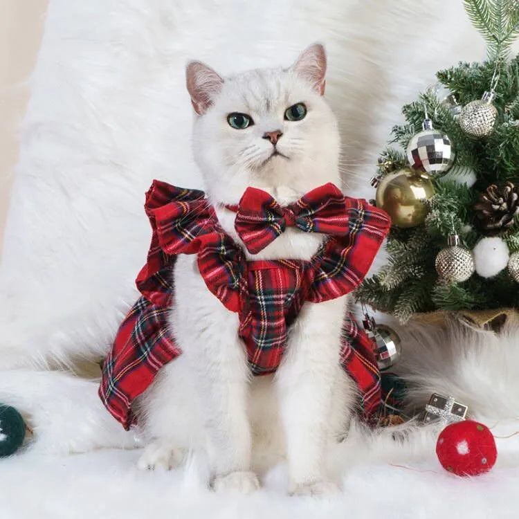 Red Christmas tartan pet skirt with matching bow tie and head flower on a cat, size M