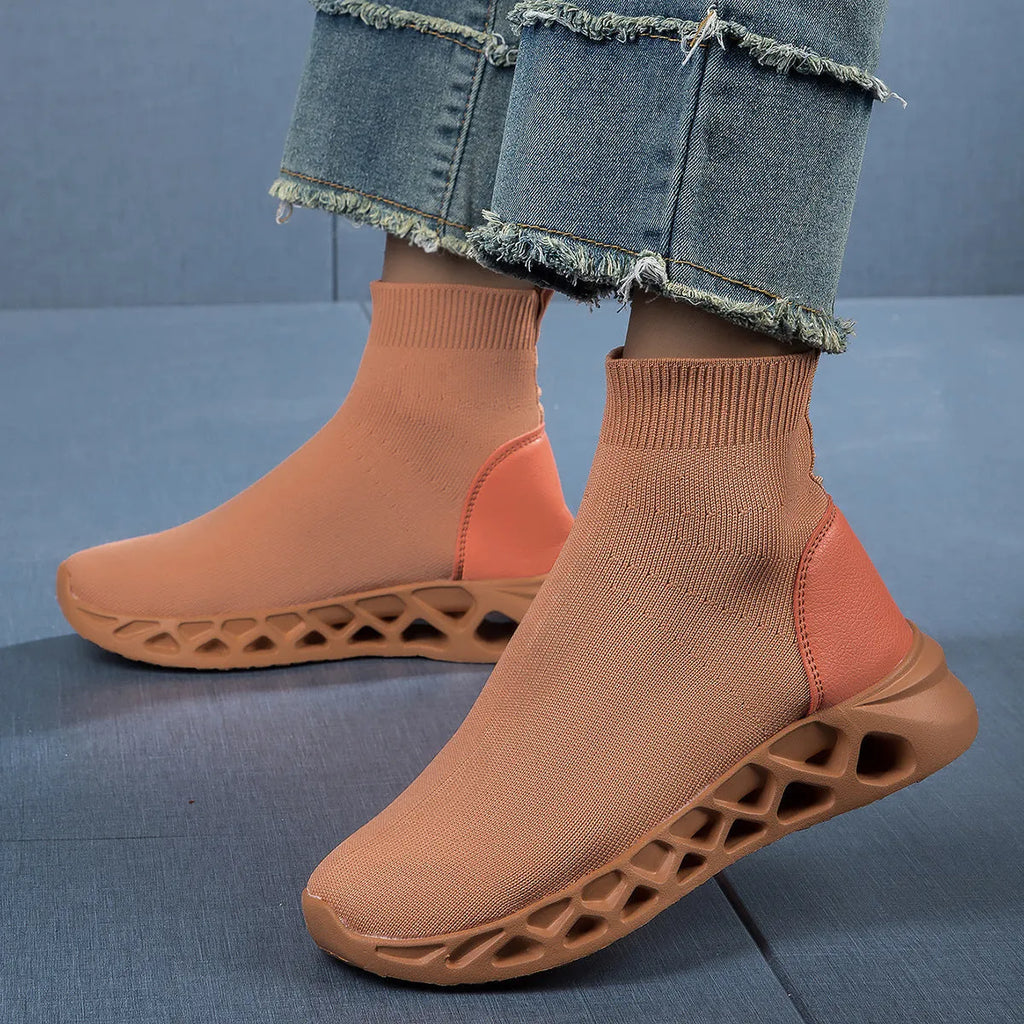 Women's high-top casual stretch socks ankle sock boots in solid colour mesh upper low-top flat heel