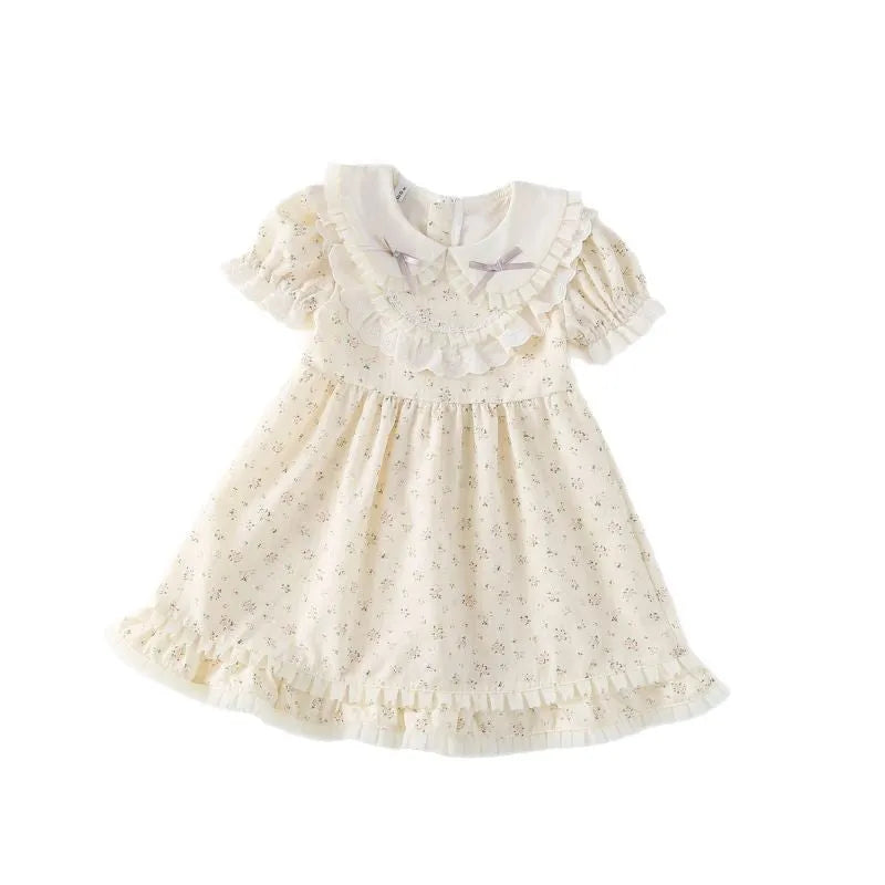 Beige floral cotton girls dress with lace trim short sleeves summer style