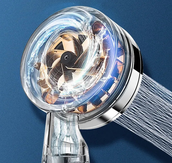 Pressurized turbo shower head with stainless steel panel and one-key stop button for water saving