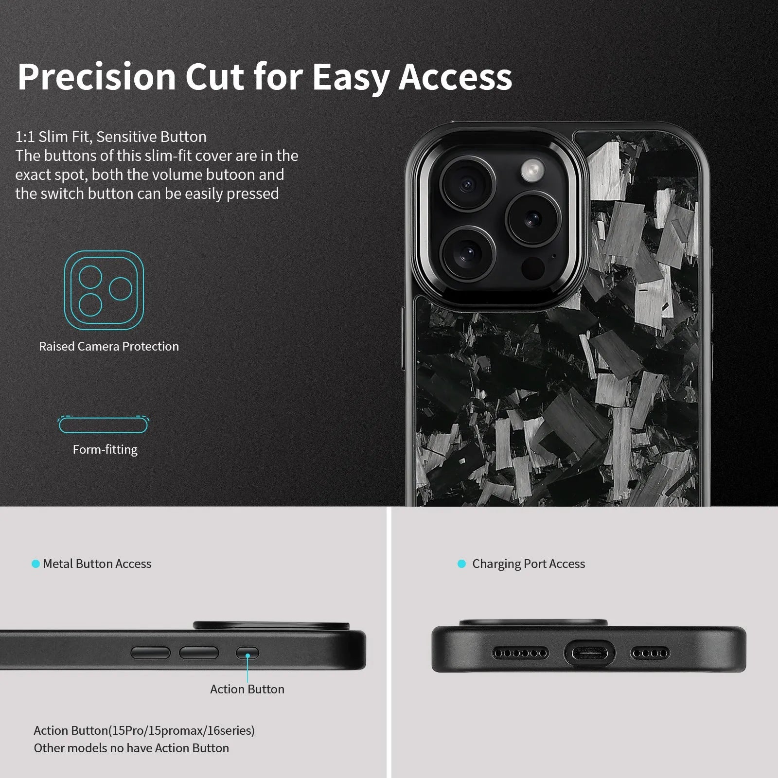 Black carbon fibre mobile phone case with a metal frame and magnetic feature for iPhone 17 models.