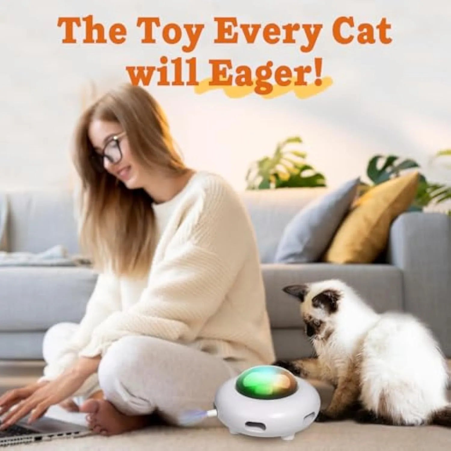 White interactive UFO cat toy with colourful LEDs and feather holes on a wooden floor