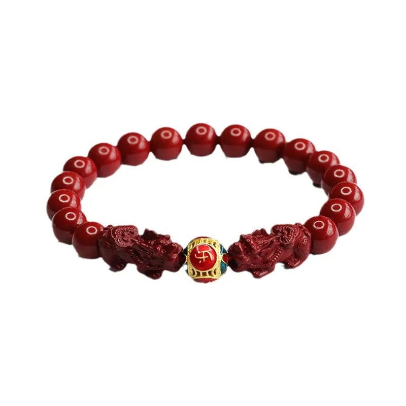Cinnabar double pixiu women's bracelet with 8mm beads, purple gold sand finish, and leather cord