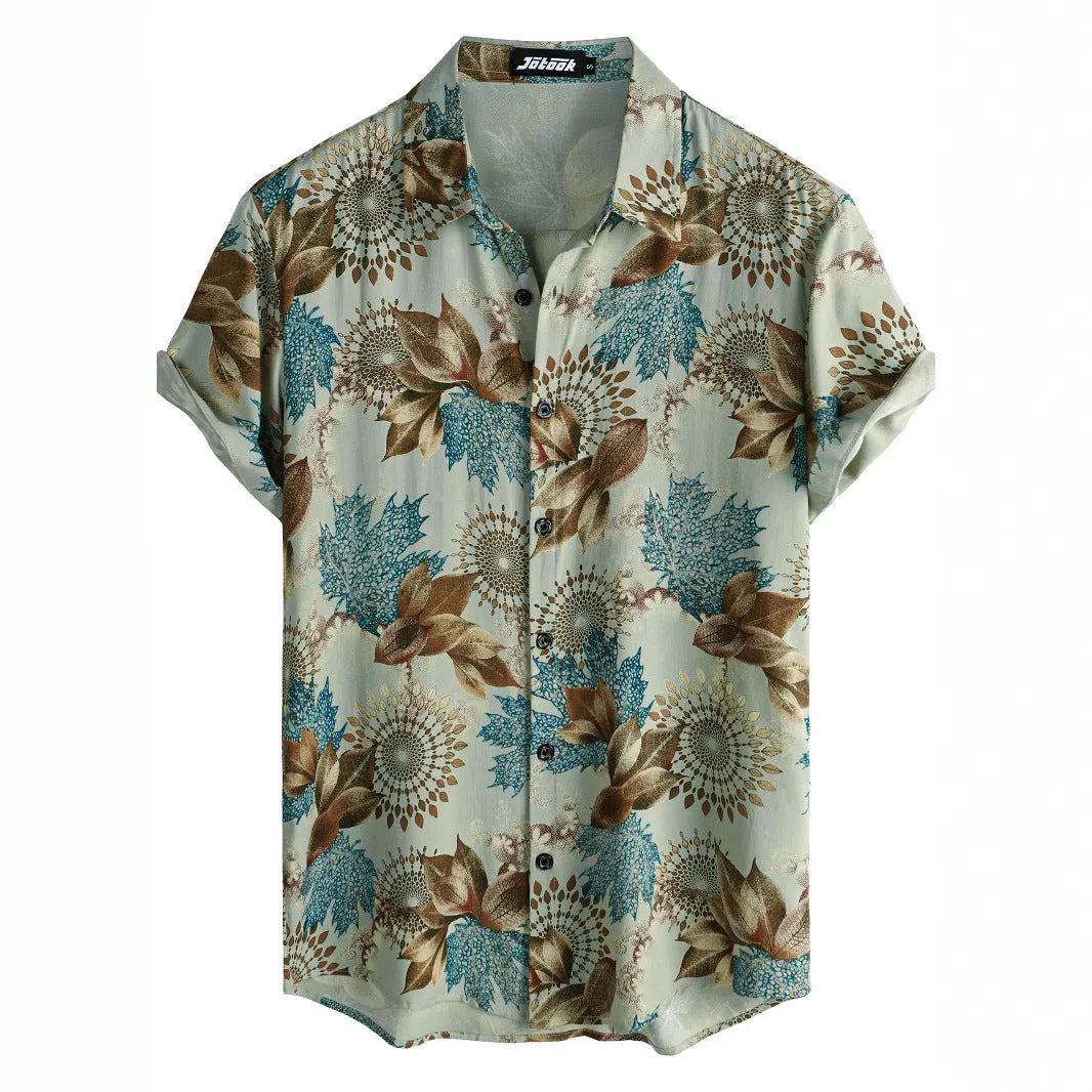 Hawaiian floral print lapel short sleeve shirt in polyester elastic fabric showing digital printed patterns