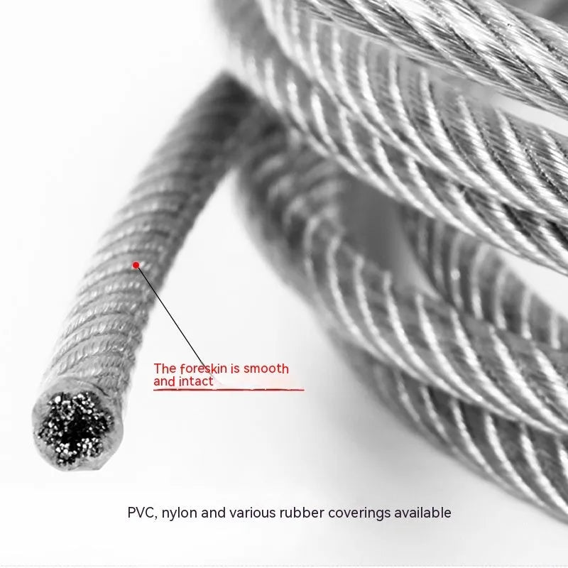 Coil of 304 stainless steel multi-strand security cable on a white background