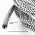 Coil of 304 stainless steel multi-strand security cable on a white background