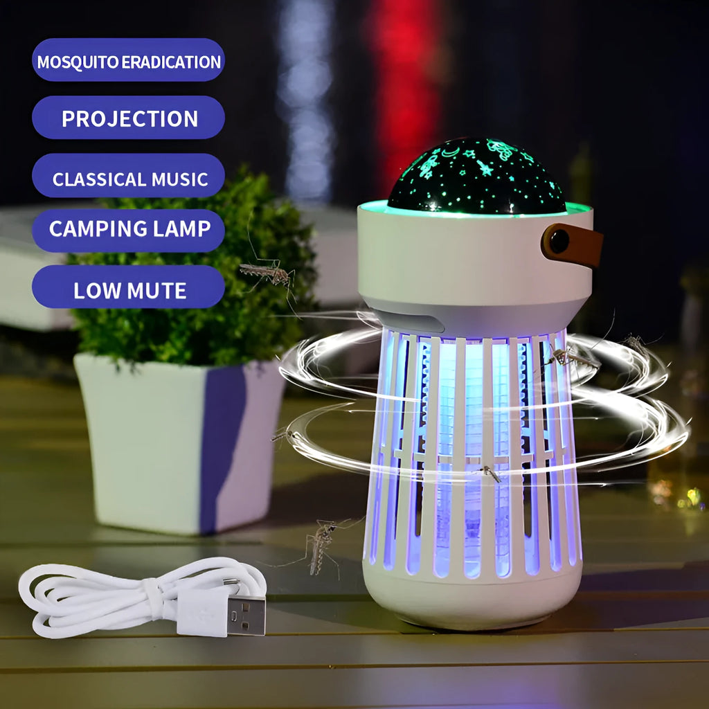 White 2 in 1 electric mosquito killer lamp with star ceiling projection and folding handle on table