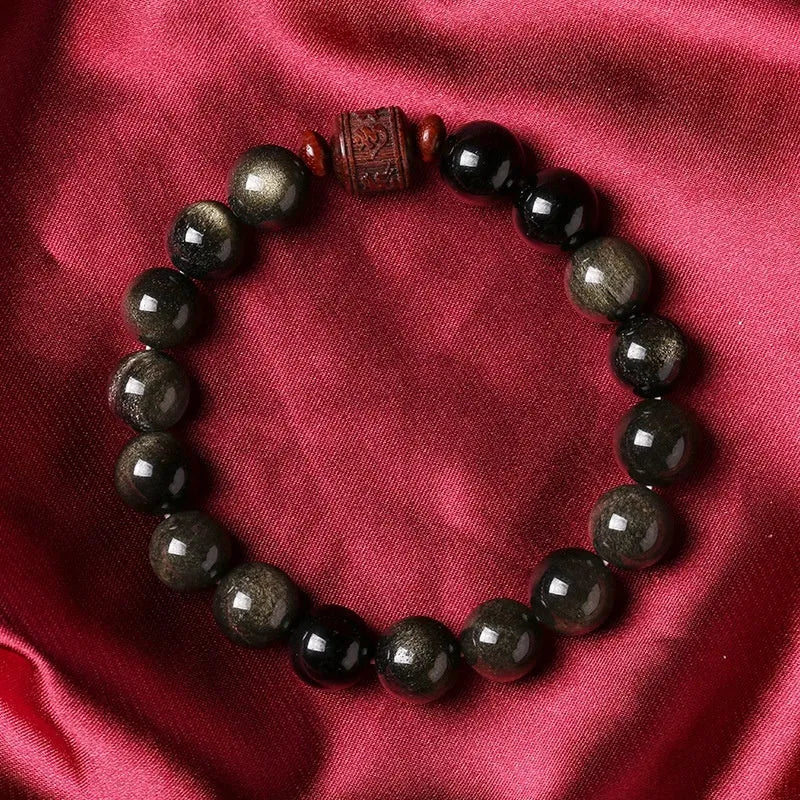 Hand-woven unisex 10mm round Golden Obsidian bracelet in retro National style