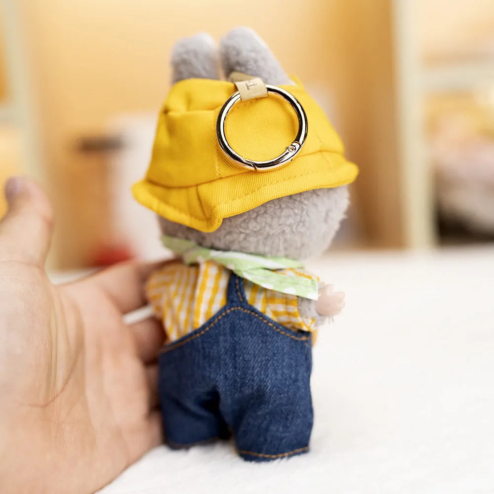 Small yellow duck plush doll wearing a hat, scarf, shirt, and suspender overalls, 17cm outfit set