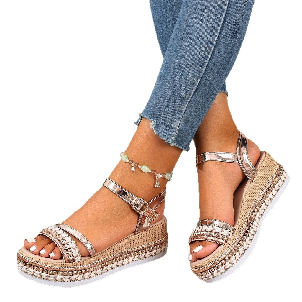 Gold woven PU wedge sandals with round toe for women, sizes 36-42