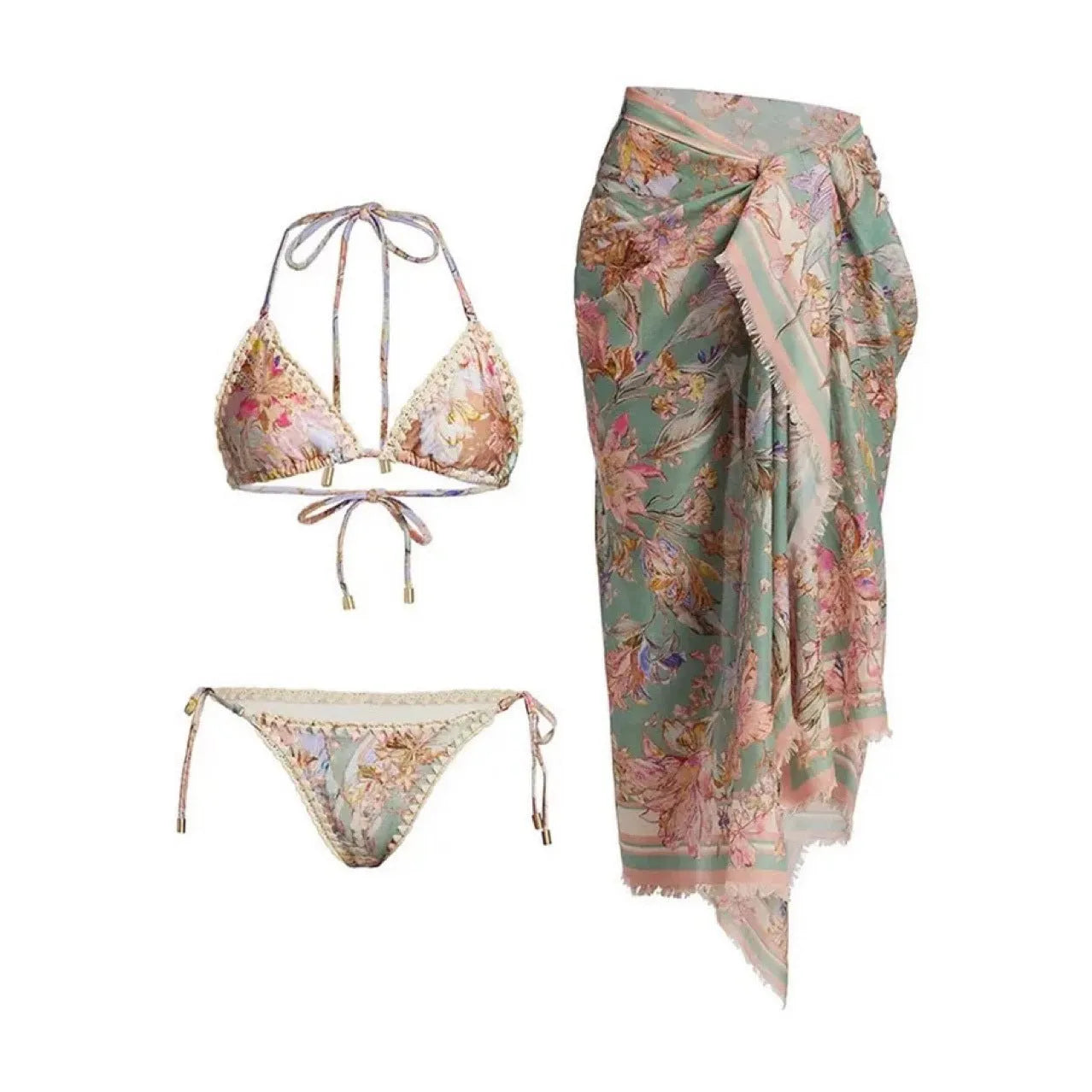 Women's floral print bikini set with skirt in creamy-white beige, shown on a mannequin