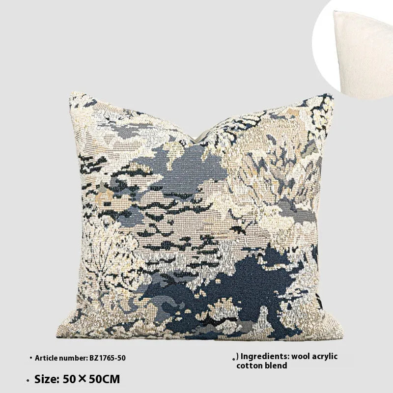 Antique blue wool blend cushion with Chinese floral pattern and feather velvet filling