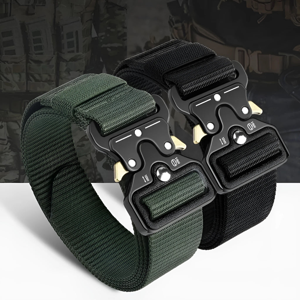 Men's thick canvas tactical belt with alloy release buckle in Army Green colour showing 120cm length