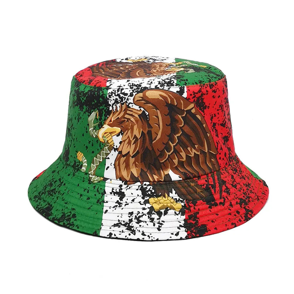 Retro eagle pattern bucket hat in size M with dome crown and polyester fabric