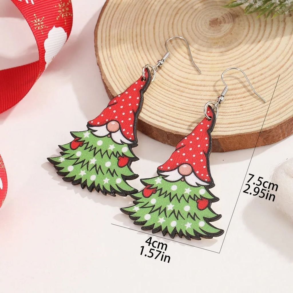 Women's wooden Christmas earrings with geometric shapes and Santa Claus elements in Christmas tree design