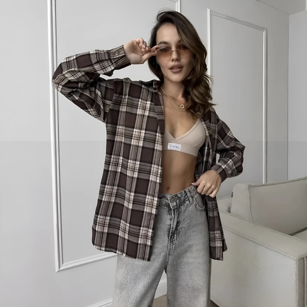 Women's dark brown striped retro shirt with long sleeves and cotton fabric