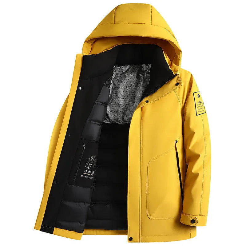 Outdoor white duck down hooded jacket for men in black polyvinyl alcohol fibre blend with front zip