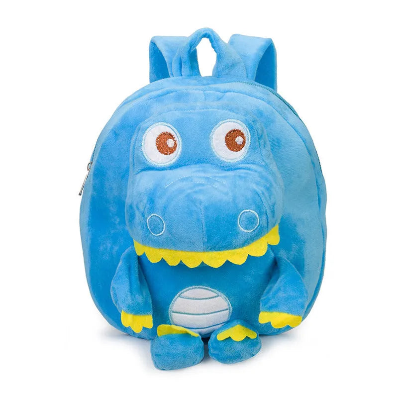 Blue dinosaur plush backpack with embroidery detailing and soft handle for children