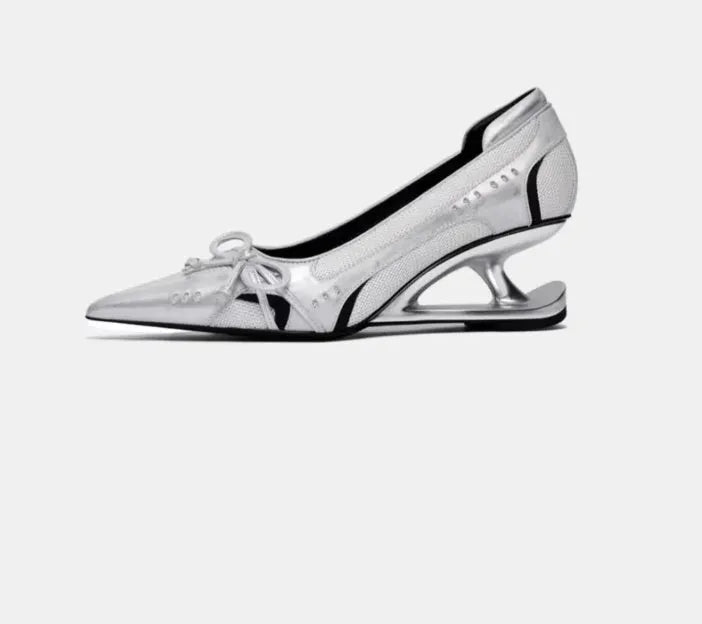 Women's black pointed toe microfiber leather Mary Jane shoes with floating heel and slip-on design
