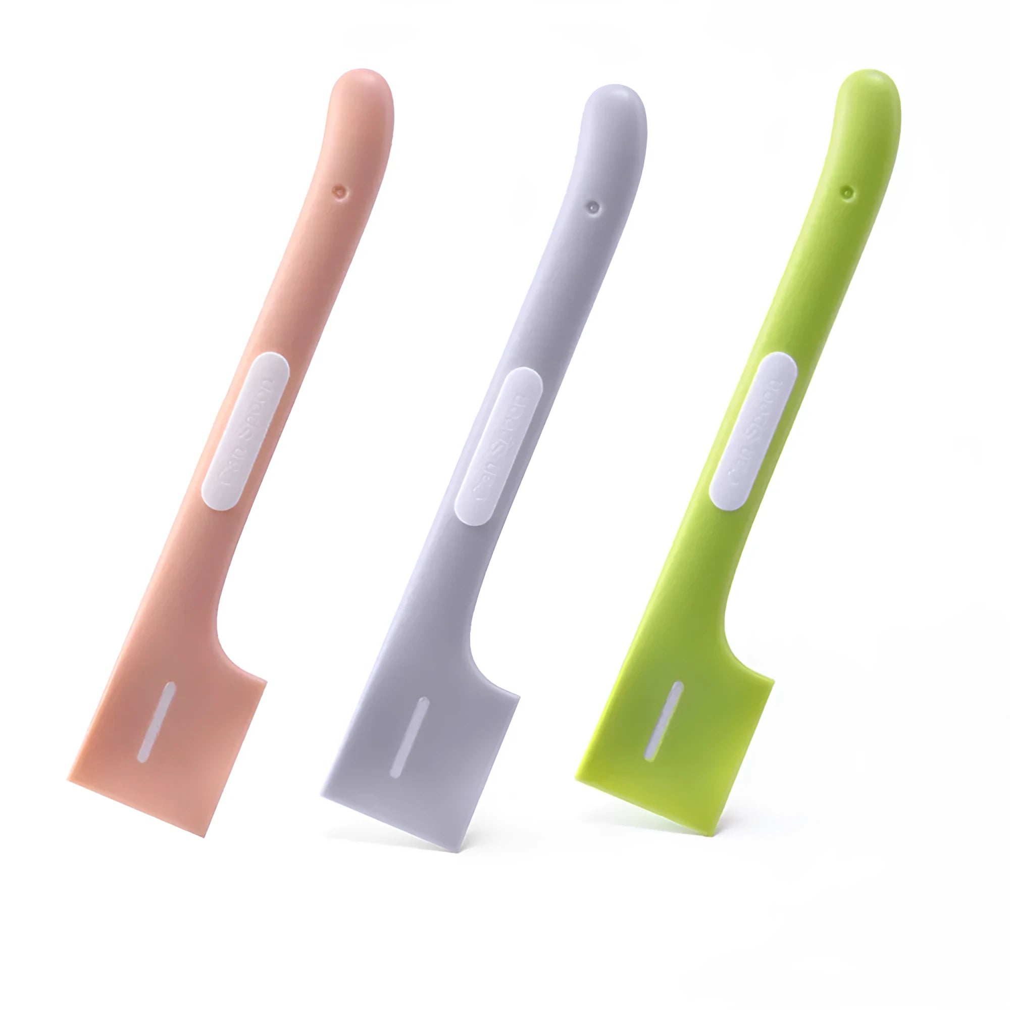 Green long-handled TPR spoon for scooping pet canned food on a white background