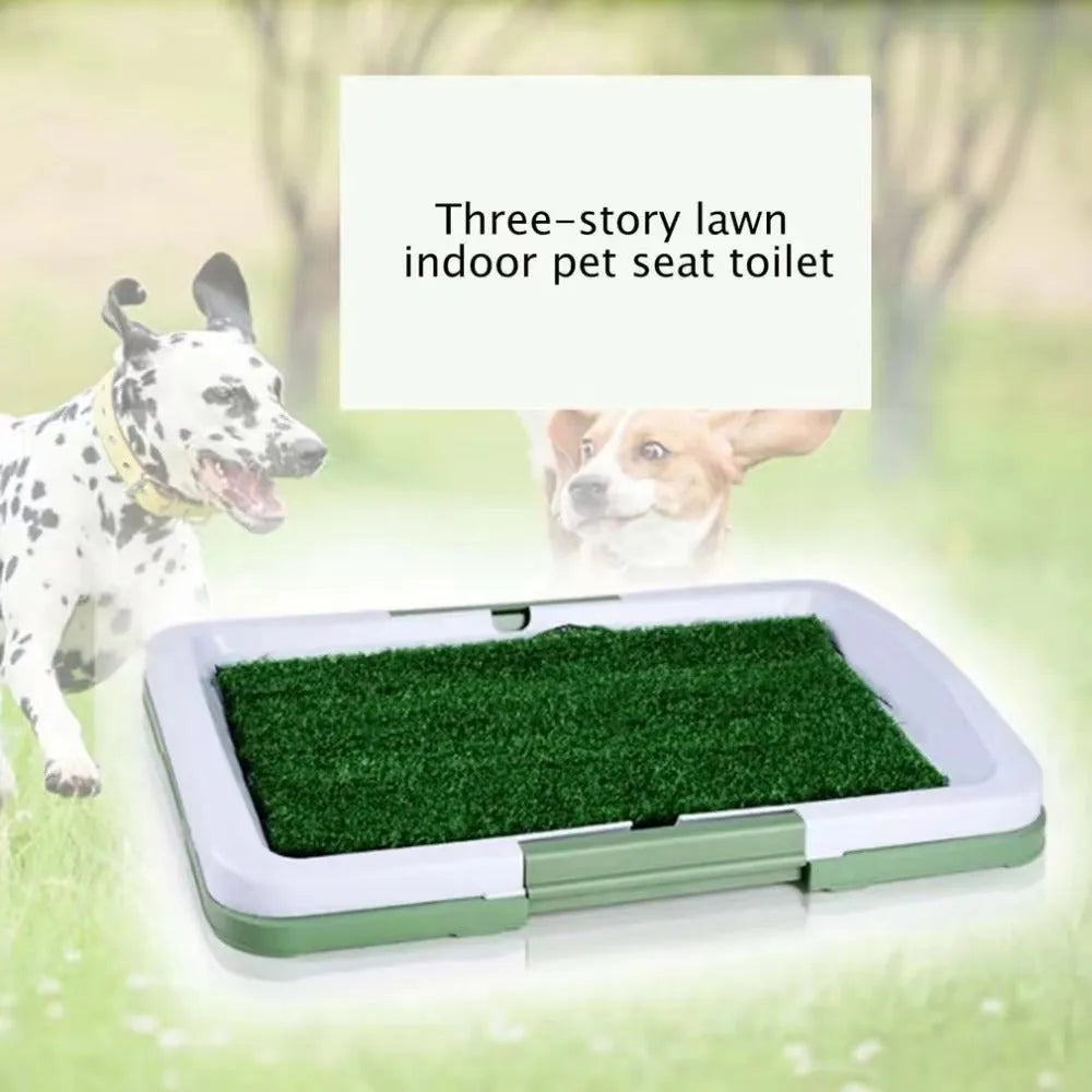 Green artificial grass indoor dog potty training tray with removable base, dimensions 50cm by 60cm.