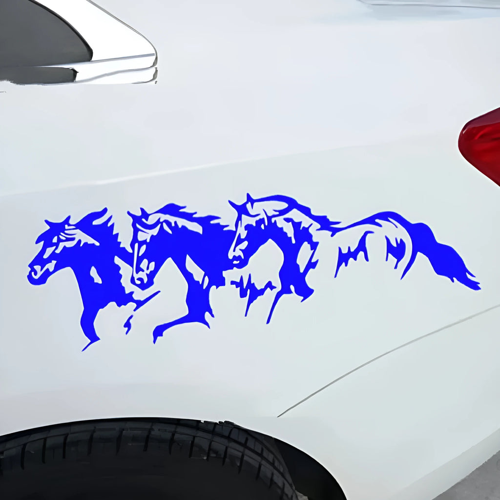 New Three Horses car decal sticker with steed design in black, shown at 25cm by 8cm size.
