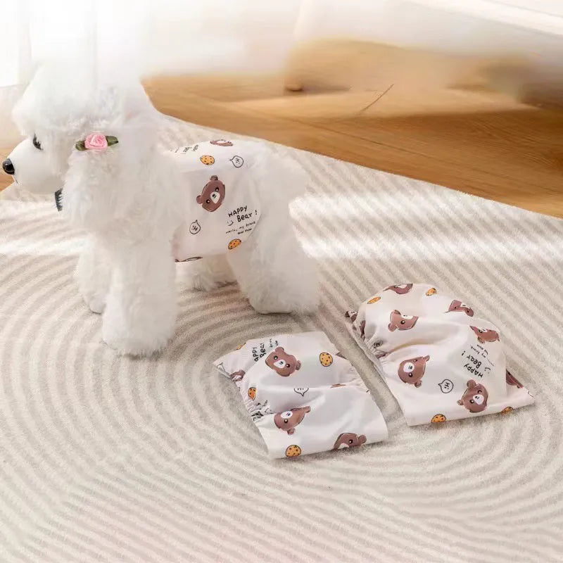 Pet sanitary pant reusable dog nappy with fastener tape and elastic waistband in blue bear pattern