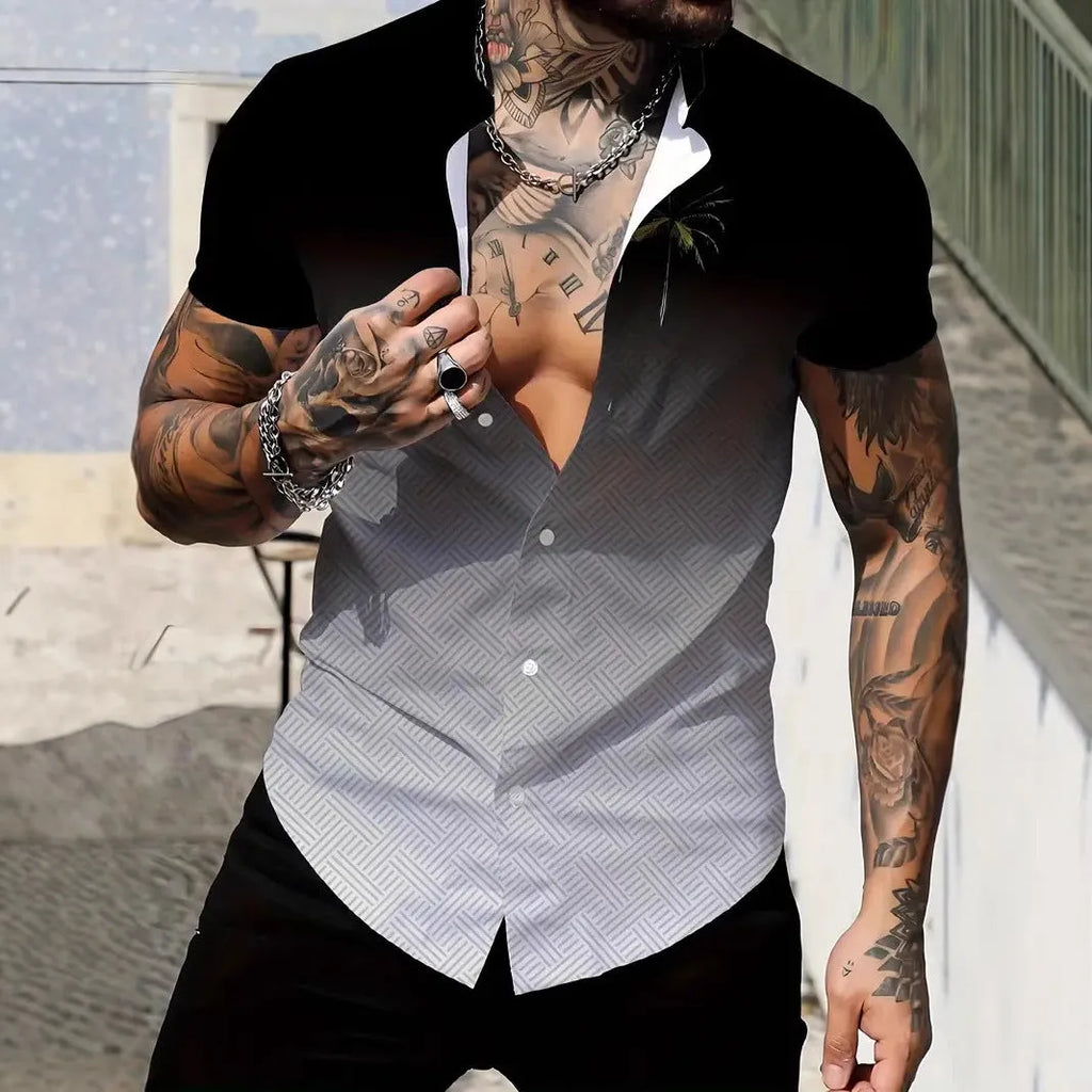 Men's blue geometric print lapel short sleeve shirt in slim fit