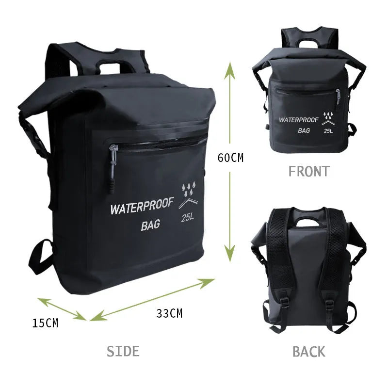 Black outdoor waterproof bag 25L 500D mesh clip for swimming river tracing rafting