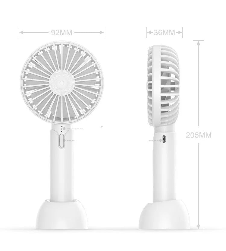 Blue handheld mini desktop USB fan with shaking head showing three-speed controls