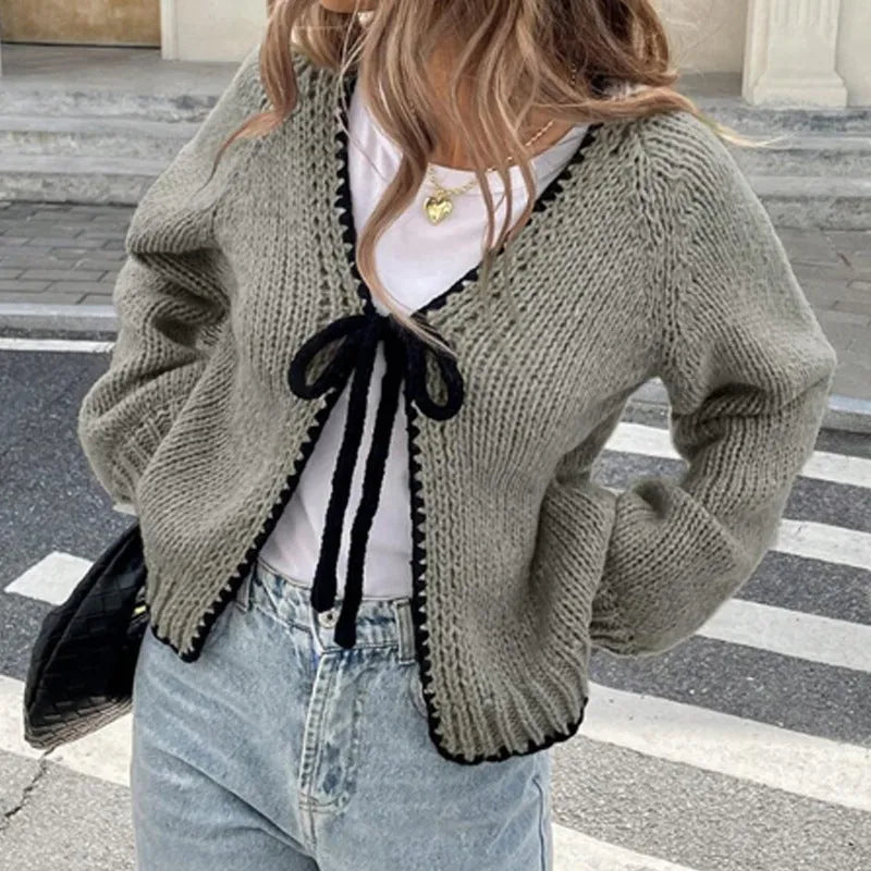 Women's solid colour lace-up cardigan with crocheted flowers, polyester knit, loose long sleeves