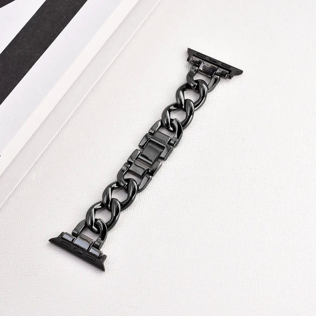 Denim chain metal Apple Watch compatible strap in silver, black, gold, rose gold, and starlight colours for 38-49mm cases.