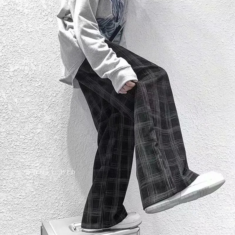 Japanese retro loose plaid trousers, mid waist straight cut, available in black and green, sizes S to 3XL