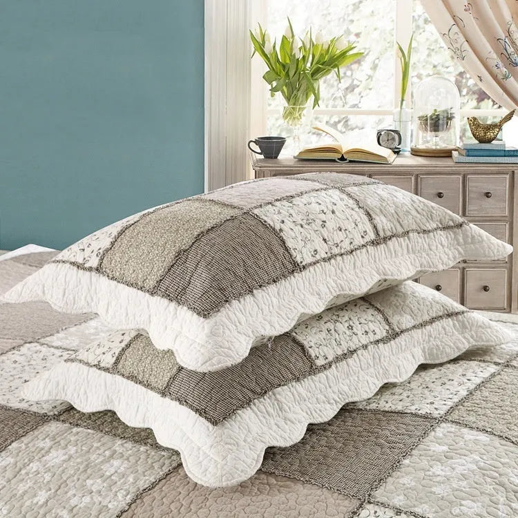 Pure cotton quilted bedspread three-piece set showing bed cover and pillowcases in a chosen colour pattern.